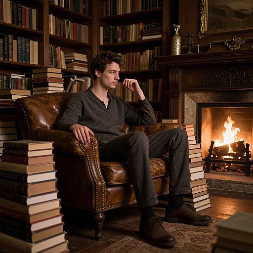 Photograph of a young man with dark hair, dressed in black, sitting in a leather armchair surrounded by stacked books, in front of a lit