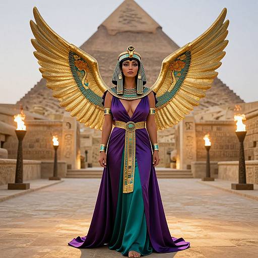 Photograph of a dark-skinned woman with golden wings, Egyptian headdress, purple gown, gold jewelry, standing in front of a pyramid at sunset