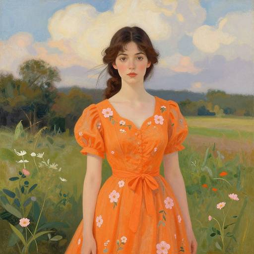 Digital painting of a fair-skinned woman with brown hair in a braid, wearing an orange floral dress, standing in a sunlit meadow with