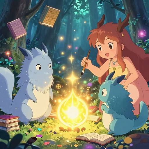 Anime-style drawing of a red-haired girl with deer antlers, wearing a yellow dress, writing in a notebook by a campfire in a forest,