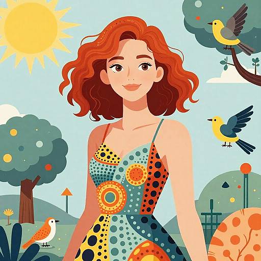 Digital illustration of a smiling woman with red wavy hair, wearing a colorful polka-dot dress, surrounded by birds and trees under a bright sun.