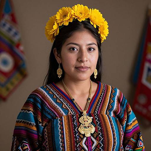 Photograph of a young Indigenous woman with dark hair, wearing a yellow flower crown, colorful traditional blouse, gold earrings, and necklace, set against a