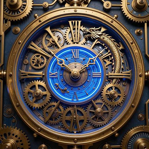 Steampunk clock with glowing blue center, gold gears, Roman numerals, and intricate dragon design, surrounded by detailed mechanical elements. Digital artwork.