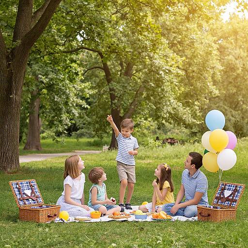 Photograph of a sunny park picnic: family with two children, a mother, and father, surrounded by balloons, baskets, and a blanket, with
