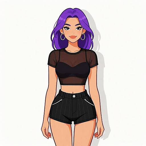 Digital anime-style drawing of a young woman with purple hair, black crop top, black high-waisted shorts, hoop earrings, and confident smile.