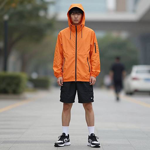 Photograph of an Asian man in an orange hooded jacket, black shorts, white socks, and black sneakers, standing on a city street. Bl