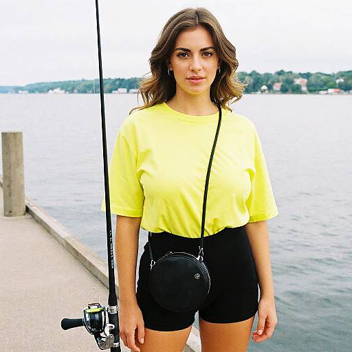 Photograph of a young woman with wavy brown hair, wearing a yellow shirt and black shorts, standing by a lake with a fishing rod and camera
