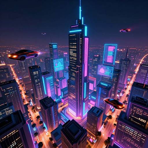 Neon-lit futuristic cityscape at night with glowing skyscrapers, flying cars, and illuminated streets. Bright blue, pink, and purple lights