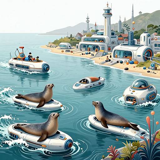 Colorful digital illustration of four sea lions riding white inflatable boats in a vibrant coastal town with lighthouses, houses, and beach.