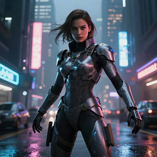 Digital CGI of a fierce, armored woman with short brown hair in a neon-lit, rainy city street, standing confidently with a gun on her right
