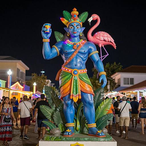 Vibrant Night Scene with Colorful Statue