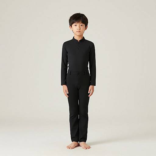 Photograph of an Asian boy with short black hair, wearing a black long-sleeve pajama set, standing barefoot against a white background.