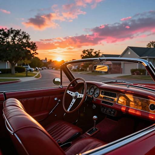 Photograph of a vintage red convertible's interior at sunset, with a vibrant orange and pink sky, suburban street, and houses in the background.