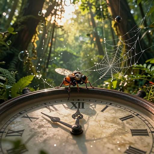 Photograph of a fly perched on a Roman numeral clock face, surrounded by dew-covered spider web, in a sunlit, lush forest.