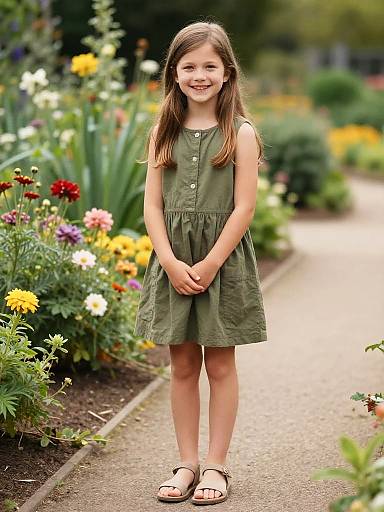 Smiling Young Girl in Olive Dress by Flower Garden Path