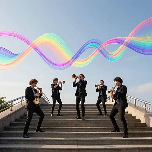Musicians on Stair Bridge with Rainbow Sound Waves