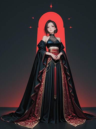 Digital art of an East Asian woman in a black, ornate, off-shoulder gown with red accents, standing against a red haloed background