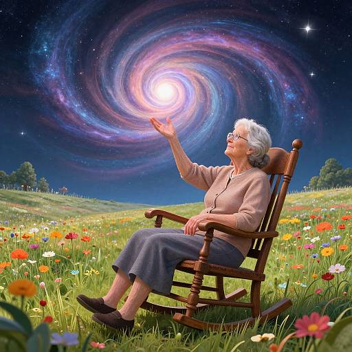 Elderly woman with white hair and glasses, sitting in wooden rocking chair, reaching for a glowing, colorful galaxy in a starry night sky above
