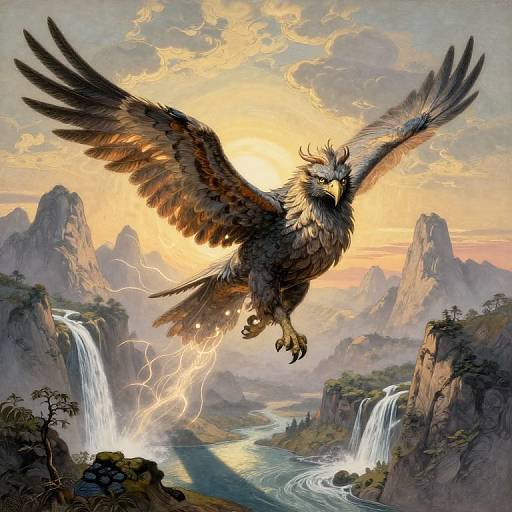 Digital fantasy art: Majestic eagle with glowing lightning bolts soaring over a dramatic mountainous landscape with cascading waterfalls at sunset.