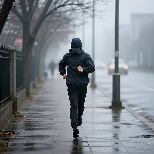 Runner on Foggy Urban Sidewalk