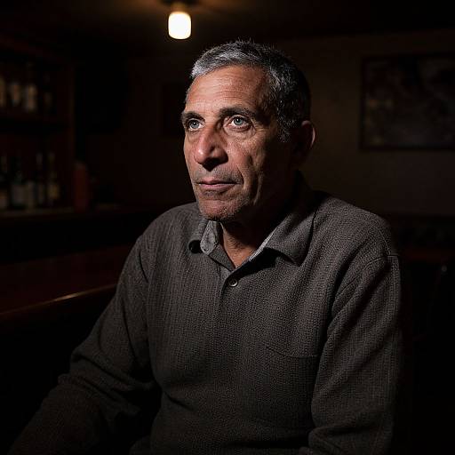 Photograph of a middle-aged man with short gray hair, wearing a dark gray polo shirt, sitting in a dimly lit bar. Warm light highlights