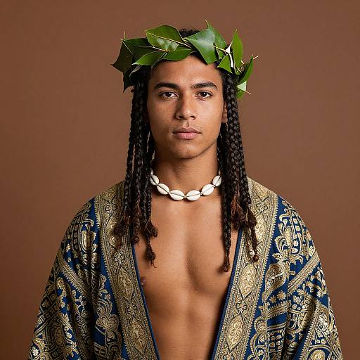 Photograph of a young Black man with long braids, wearing a leaf crown, white shell necklace, and ornate blue patterned robe, against