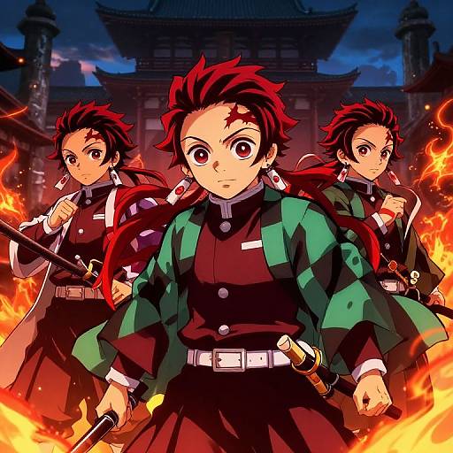 Anime-style digital illustration of three red-haired, green-jacketed, black-skirted warriors with determined expressions, standing amidst fiery flames in front of