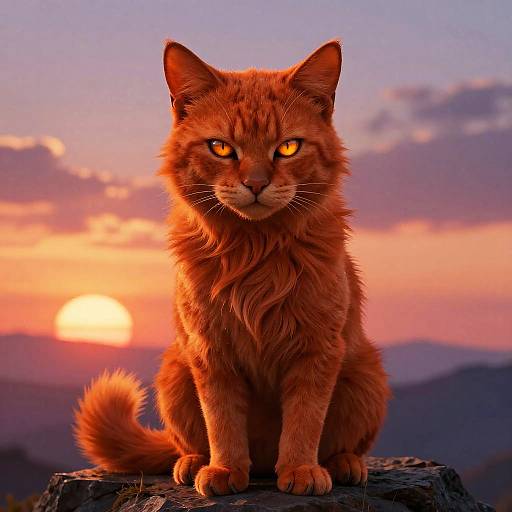 Photograph of an orange tabby cat with glowing yellow eyes, sitting on a rock against a vibrant sunset sky with pink and purple clouds.