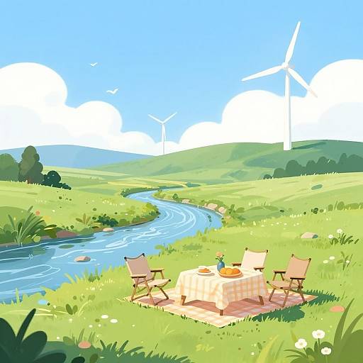 Digital illustration of a sunny, green meadow with a winding river, two wooden chairs, and a table with a checkered cloth, overlooking wind turbines