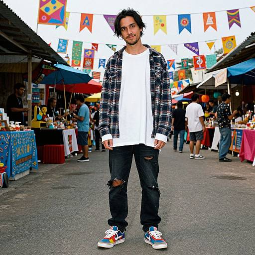 Photograph of a young man with curly hair, beard, wearing a plaid shirt, white tee, ripped jeans, and colorful sneakers, standing in