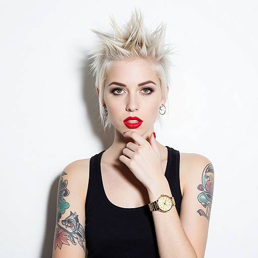 Photograph of a blonde woman with spiky hair, red lipstick, black tank top, tattoos, gold watch, and white background, gazing int