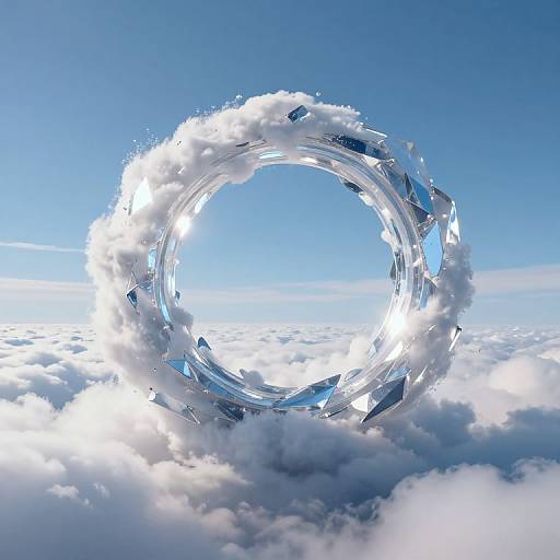 Digital artwork of a crystal circular ring surrounded by fluffy white clouds against a vibrant blue sky, floating above a sea of clouds.