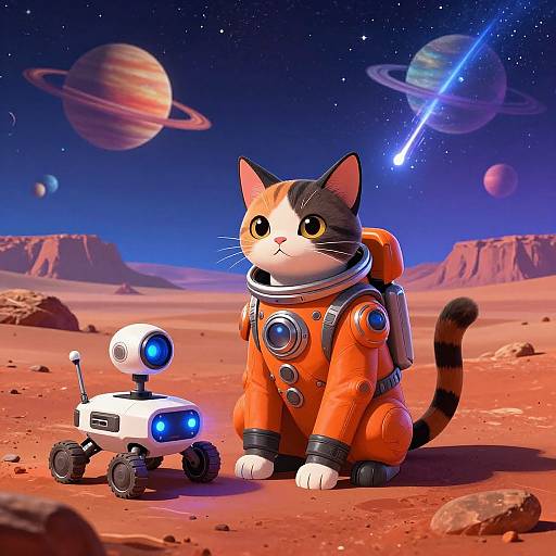 Digital artwork of a cute, calico cat in an orange spacesuit with a robotic companion, sitting on a red desert planet, under a starry