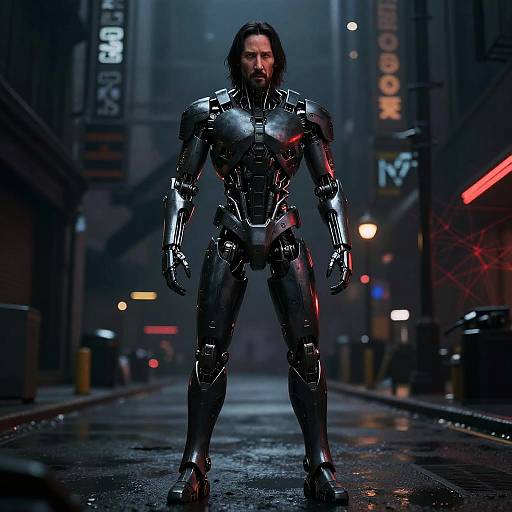Photorealistic CGI of a muscular man in a shiny black, red-lit, futuristic armored suit standing confidently on a rain-soaked, neon-l