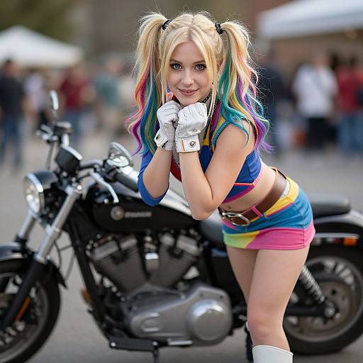Photograph of a blonde woman with colorful pigtails, white gloves, blue top, rainbow shorts, leaning on a black motorcycle, smiling. Outdoor