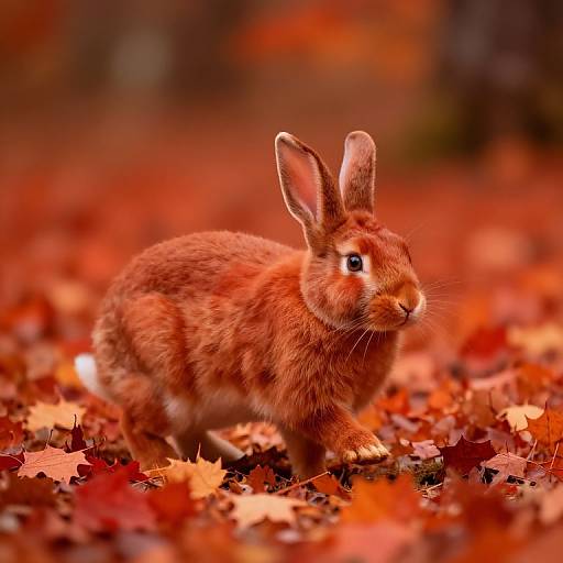 Photograph of a brown rabbit with upright ears, standing amidst a vibrant autumn forest floor covered in red, orange, and brown leaves.