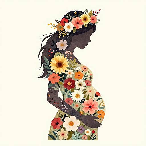 Digital illustration of a dark-skinned, long-haired woman in profile, adorned with vibrant flowers covering her body and head, set against a white background.