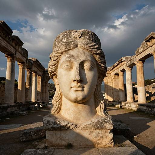 Photograph of a weathered, stone Greco-Roman bust with long, wavy hair, set in a sunlit, ancient ruins courtyard with