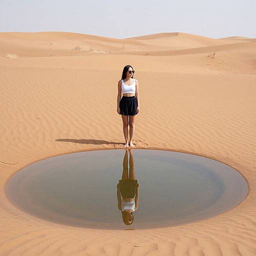 Photograph of a woman with dark hair and sunglasses, standing barefoot in a desert, wearing a white top and black skirt, reflected in a circular