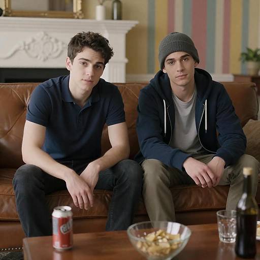 Two Men on Brown Leather Couch