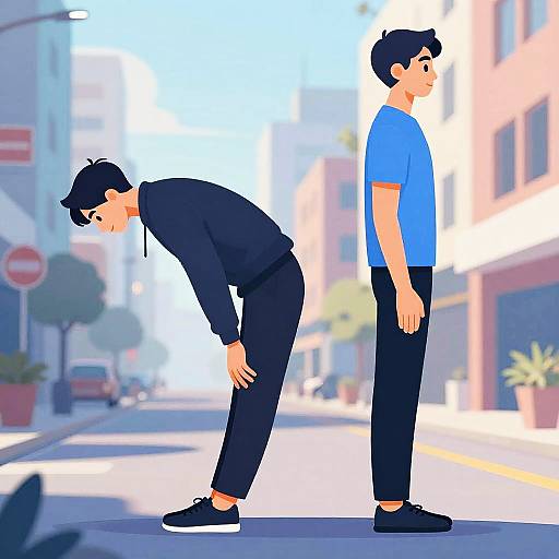 Digital illustration of two men on a sunny street: one black-haired, bent over in black clothes, the other blue-shirted, standing upright.