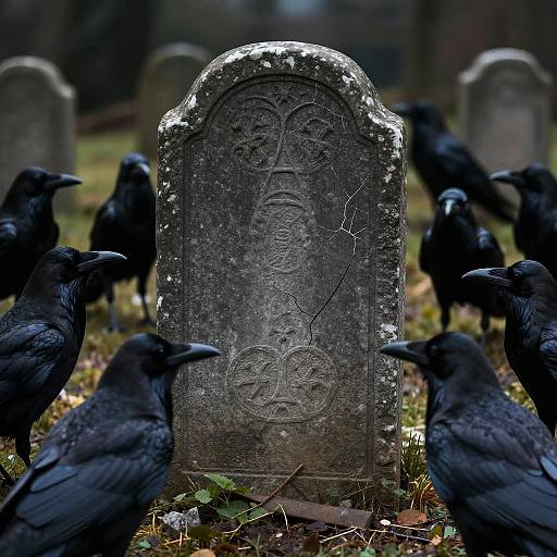 Photorealistic Crow Gathering on Tombstone