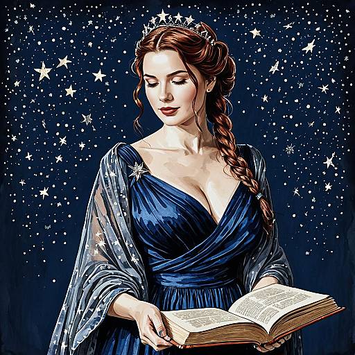 Woman in Midnight Blue Dress Reading Ancient Book