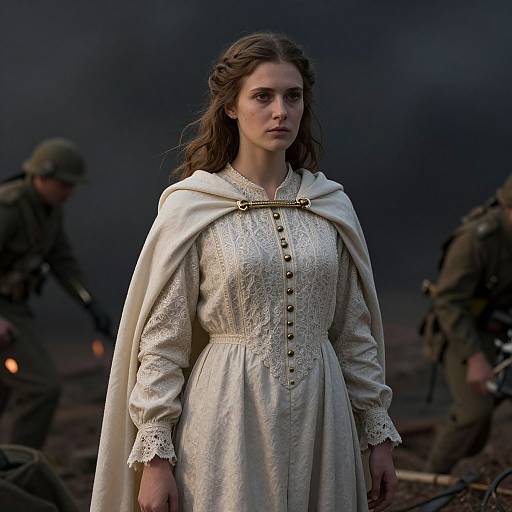 Photograph of a serious young woman with brown hair in an embroidered white dress and cape, standing amidst a dark, smoky battlefield with soldiers in the
