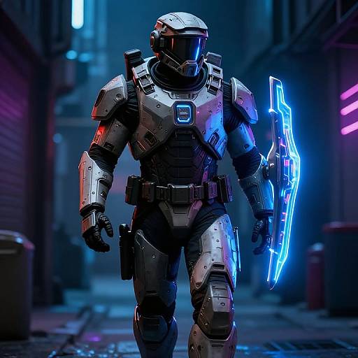 Futuristic Cybernetic Soldier in Neon Alley