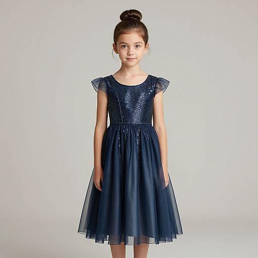 Photograph of a young girl with fair skin and dark hair in a bun, wearing a navy blue, sparkling, sleeveless dress with a sheer skirt