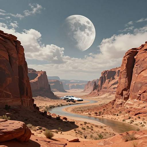 Photograph of a desert canyon with a winding river, red rocky cliffs, and a large, bright moon in a clear blue sky. Two white cars