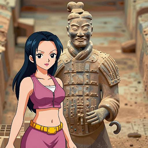 Anime Style NPC Portrait with Terracotta Warrior Background