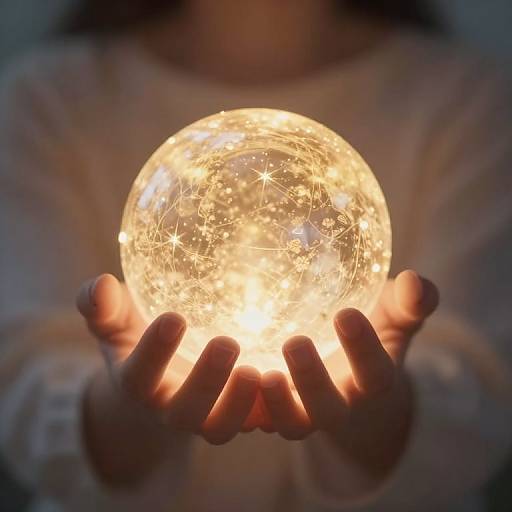 Photograph of a glowing, crystal-like orb held in a person's cupped hands, illuminated with bright, sparkling lights, creating a magical and eth