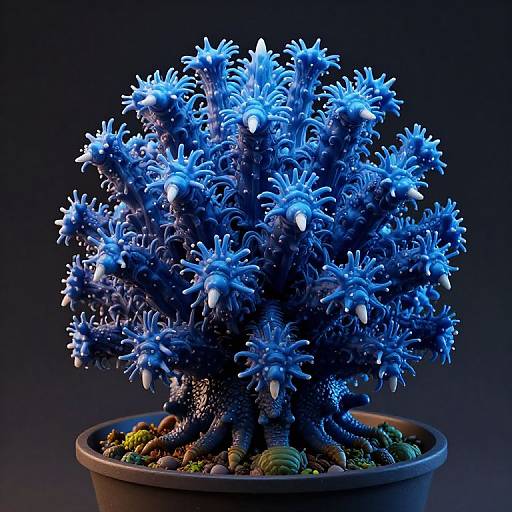 Photograph of a vibrant, blue, spiky, alien-like tree with white-tipped branches, in a pot filled with colorful pebbles,